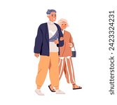 Happy senior couple walking. Elder aged man and woman, wife and husband strolling. Elderly old retired people, spouse in fashion apparel. Flat vector illustration isolated on white background