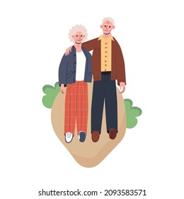 Happy senior couple walking in the park. Elderly man and woman lead an active lifestyle. Grandmother and grandfather flat vector modern illustration in trendy colors, isolated on white.