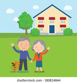 Happy senior couple waving. A cheerful old man and woman standing in front of a holiday bungalow or chalet.