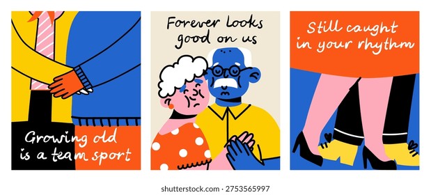 Happy Senior Couples Dancing And Embracing In Hand Drawn Doodle Style