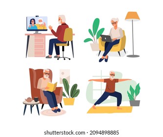 Happy senior do exercise and doing computer video conference calling vector. Character Senior Woman read book