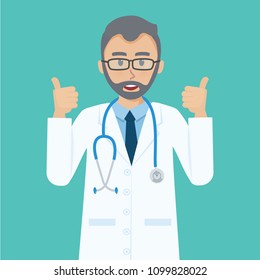 Happy senior doctor shows thumbs up gesture cool.