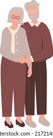 Happy of a senior elderly couple isolated on a white background, old couple.An elderly man and woman. Cartoon elder grandparents. Colored flat illustration of a gray-haired grandmother, grandfather