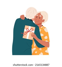 Happy senior family couple hugging. Cute elderly husband giving a gift box to wife on romantic date. Lovely scene with old man and woman. Flat vector illustration isolated on white background