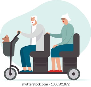 Happy senior family driving electric tandem mobility scooter with dog in a basket Flat vector cartoon characters