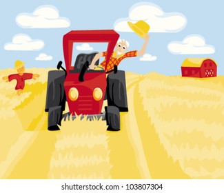 Happy senior farmer waving with hat while driving his tractor through his crop field
