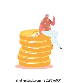 Happy Senior Female Character Sitting on Huge Pile of Golden Coins. Concept of Financial Wealth, Investment Profit, Joyful Grandmother Pension Savings, Retirement. Cartoon People Vector Illustration