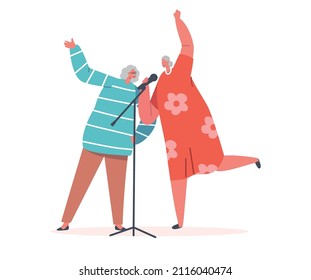 Happy Senior Female Characters Cheerfully Singing Songs in Karaoke Bar, Old Ladies Couple with Microphones Performing on Party. Happy Life Moments, Weekend Leisure. Cartoon People Vector Illustration