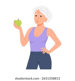Happy senior fitness woman holding green apple.Healthy lifestyle and healthy food concept.Vector Illustration