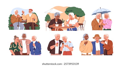 Happy senior friends, couples set. Elder people laughing. Elderly aged men, women in cafe, park, smiling, enjoying communication, old friendship. Flat vector illustration isolated on white background