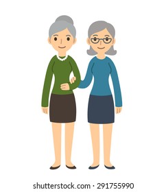 Happy Senior Gay Couple Isolated On White Background. Older Women Standing Together, Cute Cartoon Style.