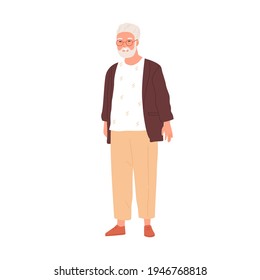 Happy senior gray-haired man in eyewear and modern casual clothes. Portrait of smiling aged grandpa in stylish outfit. Flat vector illustration of retired grandfather isolated on white background