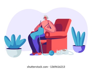 Happy Senior Grey Haired Woman in Glasses Knitting Scarf Sitting in Armchair with Sleeping Cat beneath. Aged Female Character Hobby and Leisure Time in Nursing Home. Cartoon Flat Vector Illustration