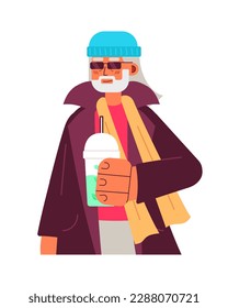 Happy senior with iced matcha green tea semi flat colorful vector character. Ageing wellness. Editable half body person on white. Simple cartoon spot illustration for web graphic design and animation