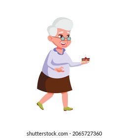 happy senior lady carrying cake piece in canteen cartoon vector. happy senior lady carrying cake piece in canteen character. isolated flat cartoon illustration