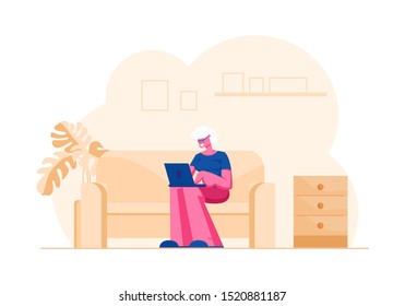 Happy Senior Lady with White Hair and Eyeglasses Sitting on Couch at Home with Laptop Watching Movie or Communicate in Social Media Network. Elderly Woman with Device. Cartoon Flat Vector Illustration