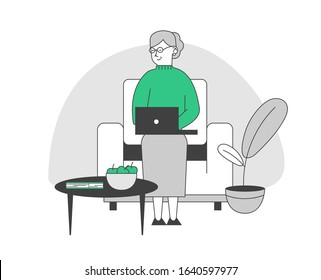 Happy Senior Lady with White Hair and Eyeglasses Sitting on Couch with Laptop Watching Movie or Communicate in Social Media Network. Elderly Woman with Device. Cartoon Vector Illustration Line Art