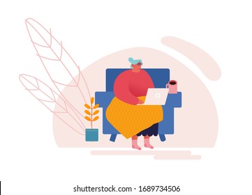 Happy Senior Lady with White Hair and Eyeglasses Sitting on Couch with Laptop Watching Movie or Communicate in Social Media Network. Elderly Woman Character with Device. Cartoon Vector Illustration
