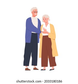 Happy Senior Love Couple Of Old Man And Woman. Elderly People Standing Together. Portrait Of Grandfather And Grandmother. Flat Vector Illustration Of Grandparents Isolated On White Background