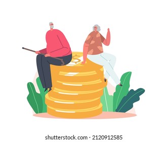 Happy Senior Male And Female Characters Sitting On Huge Pile Of Golden Coins. Concept Of Financial Wealth, Pension Savings, Wealthy Retirement, Joyful Grandparents. Cartoon People Vector Illustration