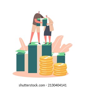 Happy Senior Male Female Characters Holding Currency Pile Stand On Golden Coins Stack. Concept Of Financial Wealth, Pension Deductions, Savings, Wealthy Retirement. Cartoon People Vector Illustration