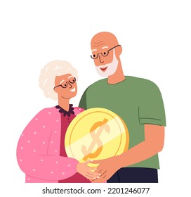 Happy Senior Male , Female Characters Holding Huge Golden Coin.Concept Of Financial Wealth,Money Accumulation,Pension Savings,Wealthy Retirement,Joyful Grandparents.Cartoon People Vector Illustration