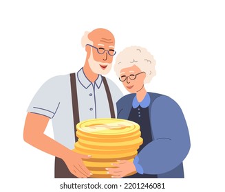 Happy Senior Male,Female Characters Hold Huge Pile Of Golden Coins.Concept Of Financial Wealth,Money Accumulation,Pension Savings,Wealthy Retirement,Joyful Grandparents.People Flat Vector Illustration