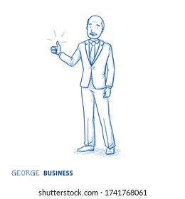 Happy senior man in business suit in good mood with thumb up gesture. Hand drawn line art cartoon vector illustration.