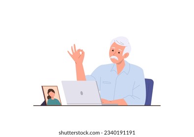 Happy senior man cartoon character using laptop computer for online communication with relatives