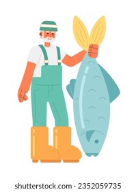 Happy senior man catching fish semi flat color vector character. Editable full body fisherman on white. Simple cartoon spot illustration for web graphic design