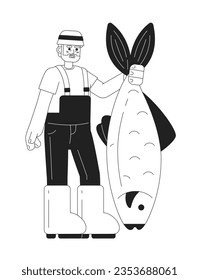 Happy senior man catching fish monochromatic flat vector character. Editable thin line full body fisherman on white. Simple bw cartoon spot image for web graphic design