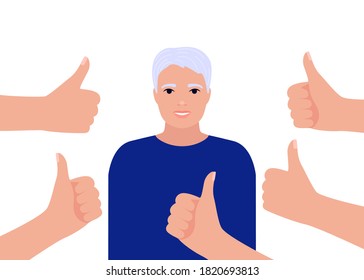 Happy senior man collects like. Elderly male surrounds hands showing thumbs up. Social approval, positive feedback, congratulate, respect, acceptance success concept. Vector illustration