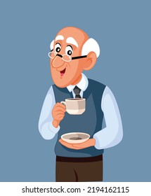 
Happy Senior Man Drinking His Coffee Vector Cartoon Illustration. Carefree elderly pensioner having a cup of tea 
