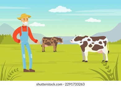 Happy Senior Man Farmer in Dungaree Standing at Field with Grazing Cows Vector Illustration