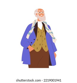 Feliz anciano con gafas. Ancianos sonriendo. Entusiasmado viejo personaje masculino en anteojos y ropa moderna, vestido con bufanda y chaleco. Ilustración vectorial plana aislada en fondo blanco