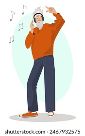  Hombre mayor feliz que escucha música en auriculares, que disfruta, que baila. Hombre mayor de aspecto informal. Ilustración vectorial