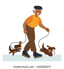 happy senior man on roller skates walking dogs isolated on white background vector illustration