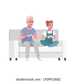 Happy senior man playing with his granddaughter cartoon vector illustration