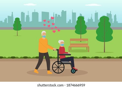 Happy senior man pushing his wife on wheelchair while wearing face mask at the park with heart symbol