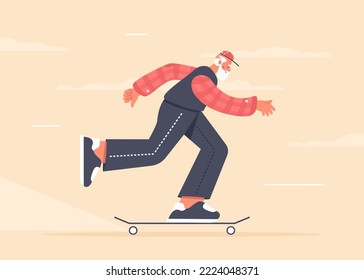 Happy senior man riding a skateboard. Old modern grandfather enjoy active sport. Healthy lifestyle.