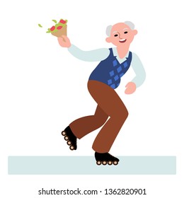 happy senior man roller skating with a bunch of flowers isolated on white background vector illustration