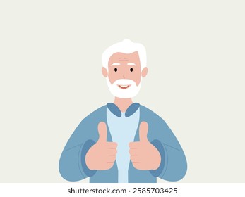 Happy senior man showing thumbs up with both hands and smiling. Cartoon, vector and illustration.