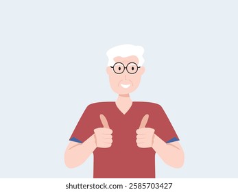 Happy senior man showing thumbs up with both hands and smiling. Cartoon, vector and illustration.