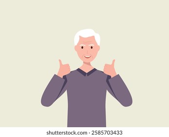 Happy senior man showing thumbs up with both hands and smiling. Cartoon, vector and illustration.