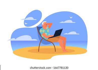 Happy senior man spending time on the beach lying on chaise lounge with notebook. Retired man on their summer vacation. Man working on freelance. Vector illustration in cartoon style