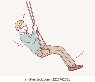  happy senior man swinging on a wooden swing. Hand drawn style vector design illustrations.