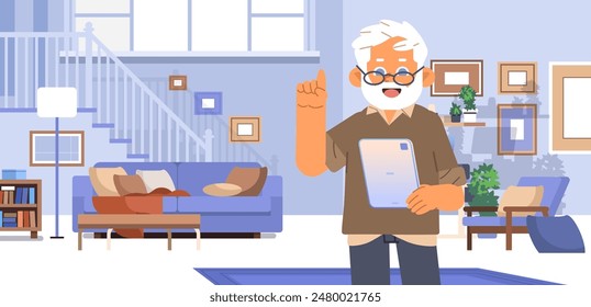 Happy senior man use tablet at home. Elderly technology user concept. Vector illustration