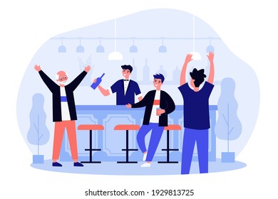 Happy senior man visiting grandson bachelor party. Guy celebrating birthday with grandpa in bar. Flat vector illustration. Family party concept for banner, website design or landing web page