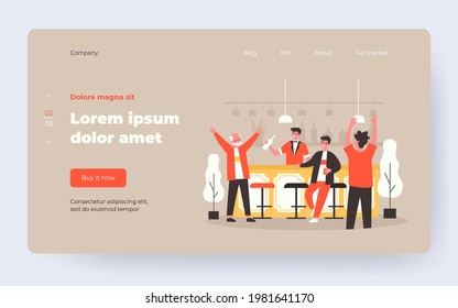 Happy senior man visiting grandson bachelor party. Guy celebrating birthday with grandpa in bar. Flat vector illustration. Family party concept for banner, website design or landing web page