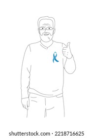 Happy senior man wearing blue ribbon and showing thumbs up sign. Prostate Cancer Awareness Background. Men's health care concept. Vector illustration.